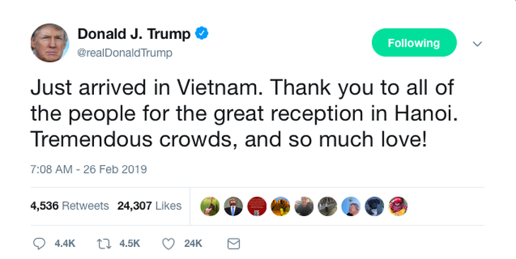 Tổng thống Trump viết tweet: Cảm ơn Việt Nam, đầy tình yêu - Ảnh 1.