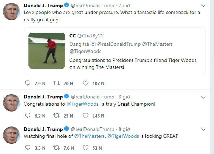 Tổng thống Mỹ Donald Trump chúc mừng và gọi Tiger Woods là nhà vô địch vĩ đại - Ảnh 1.