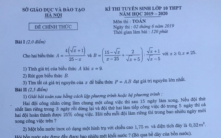 Đề toán lớp 10 tại Hà Nội: 