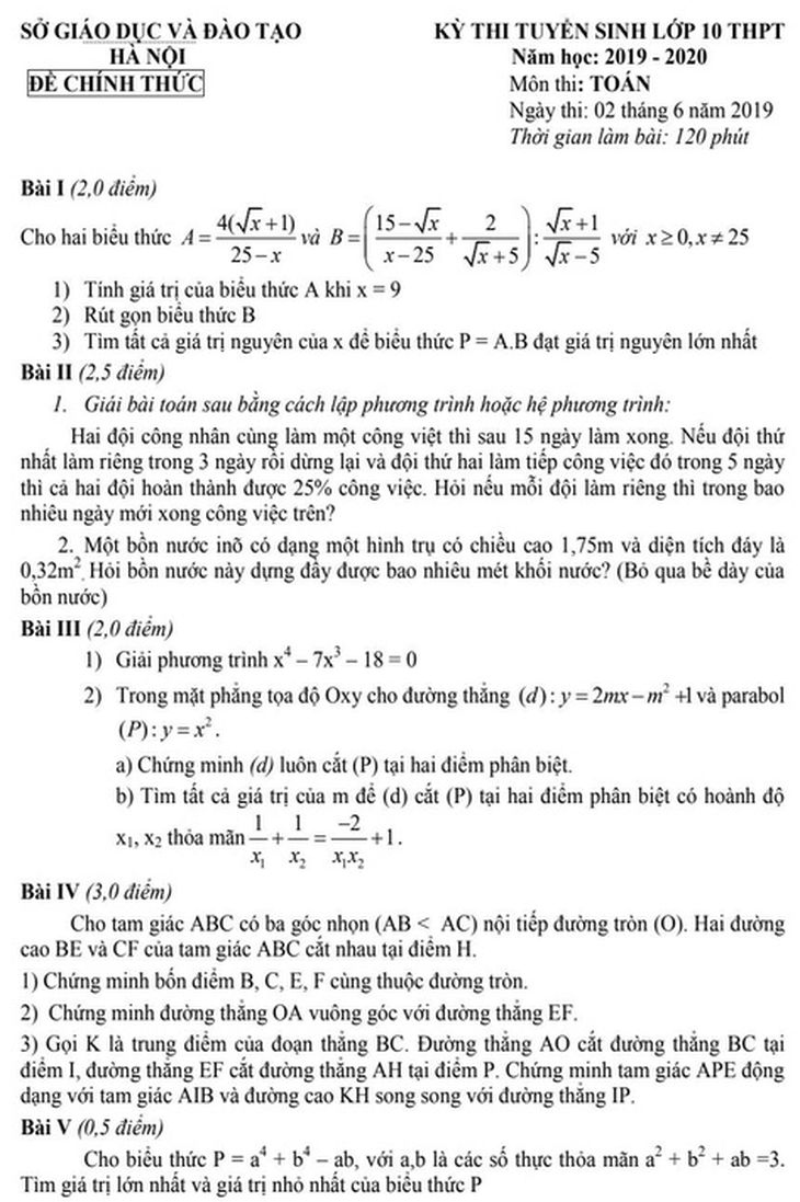 Bài giải môn toán lớp 10 tại Hà Nội - Ảnh 1.