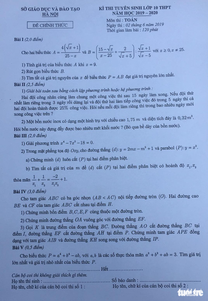 Đề toán lớp 10 tại Hà Nội: dễ thở hơn các năm trước - Ảnh 1.