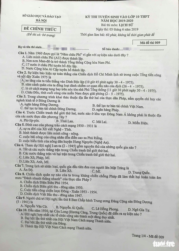 Đề lịch sử lớp 10 tại Hà Nội: có thể lấy điểm 9 - Ảnh 1.