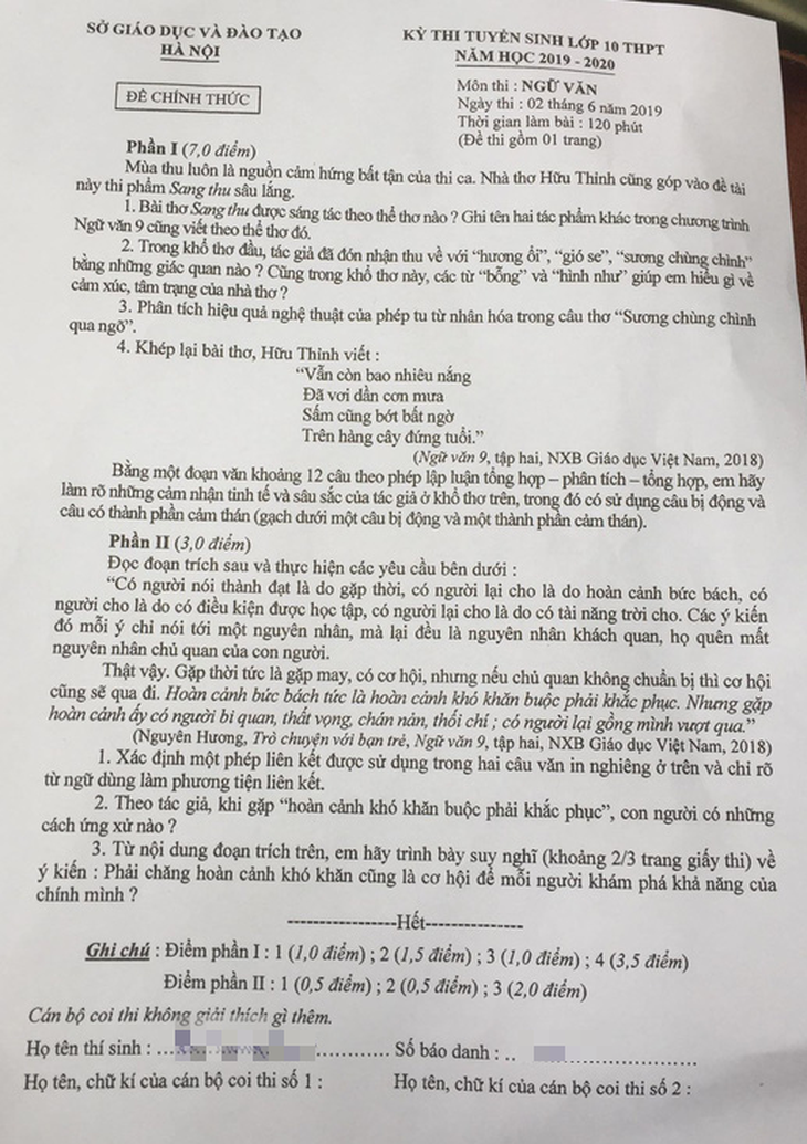 Đề thi văn lớp 10 Hà Nội: Không khó lấy điểm 8 - Ảnh 1.