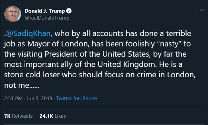 Chưa đặt chân xuống Anh, ông Trump móc mỉa thị trưởng London là siêu thất bại - Ảnh 2.