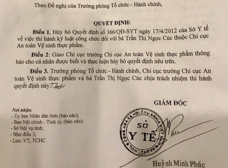 Sở Y tế Long An hủy quyết định kỷ luật công chức có từ… 7 năm trước - Ảnh 1.