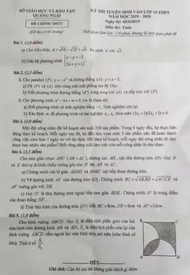 Đề toán lớp 10 ở Quảng Ngãi giống một đề thi thử - Ảnh 1.