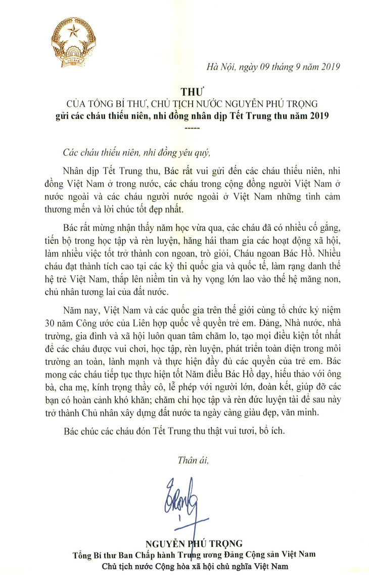 Tổng bí thư, Chủ tịch nước Nguyễn Phú Trọng gửi thư chúc Tết Trung thu cho thiếu nhi - Ảnh 2.