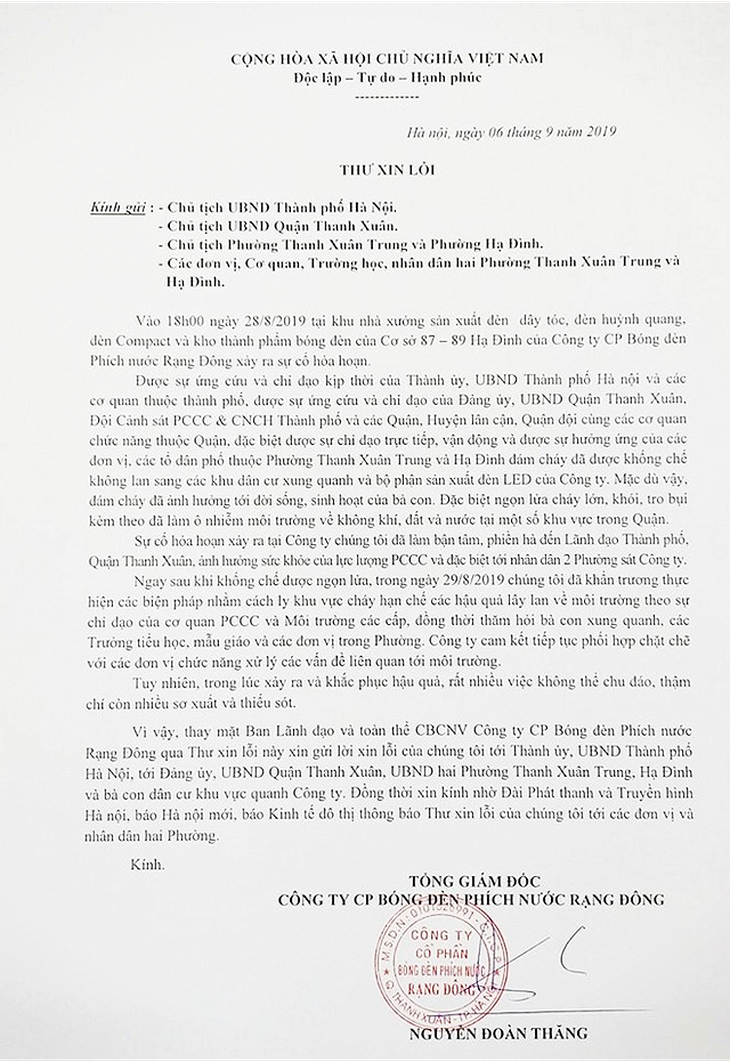 Công ty Rạng Đông gửi thư xin lỗi về vụ hỏa hoạn - Ảnh 1.