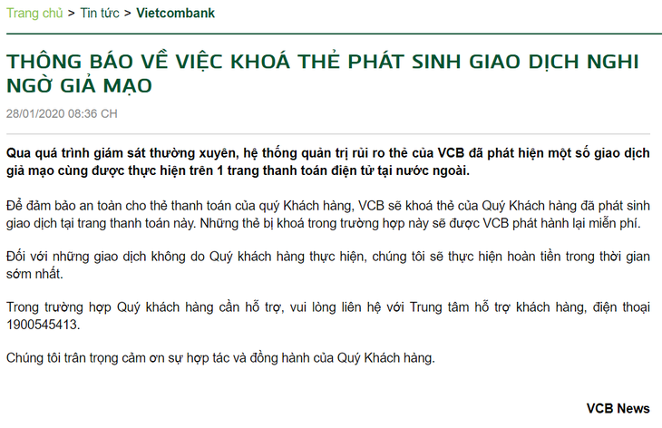 Vietcombank khoá thẻ phát sinh giao dịch nghi ngờ giả mạo - Ảnh 2.