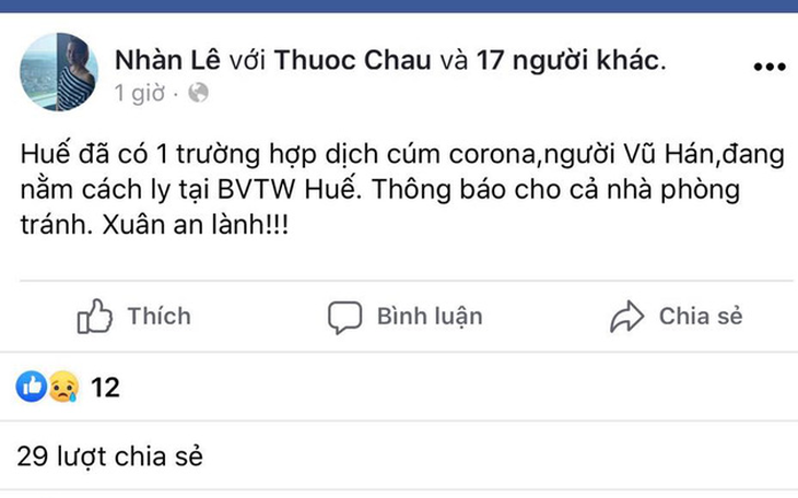 Tung tin trên Facebook ở Huế xuất hiện virus corona, bị triệu tập