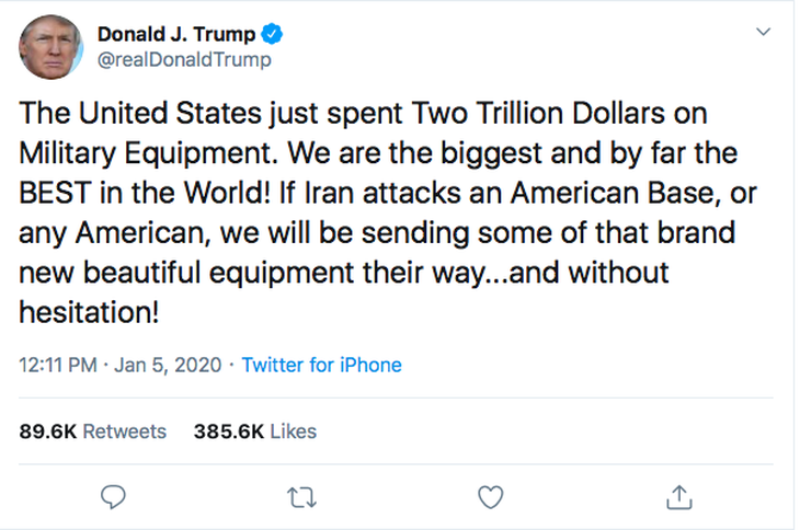 Ông Trump khoe 2.000 tỉ đô quân sự, thách thức Iran tấn công - Ảnh 1.