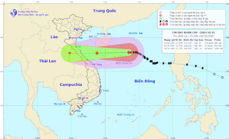 Bão số 8 đang phía trên Hoàng Sa, từ đêm nay 24-10 Nghệ An đến Huế mưa