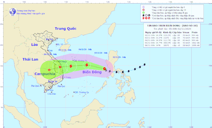 Thông tin bão số 10 sáng 2-11: Hướng vào đất liền khu vực Đà Nẵng - Phú Yên - Ảnh 1.