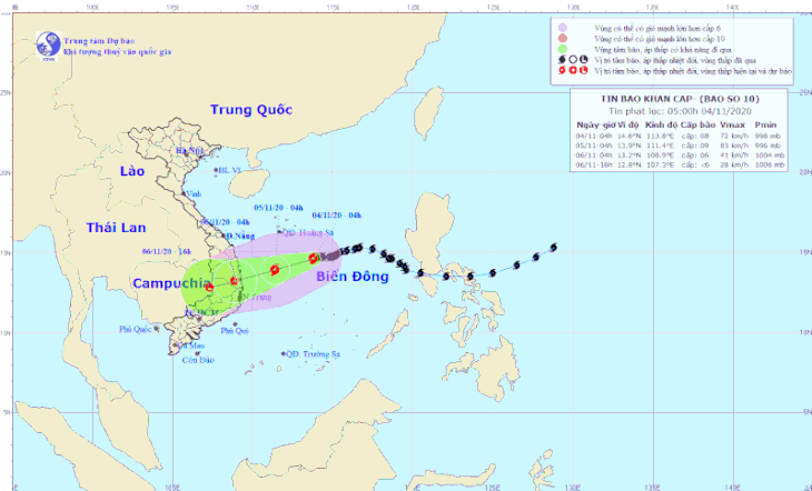Bão số 10 đang có khuynh hướng đi chệch xuống phía nam