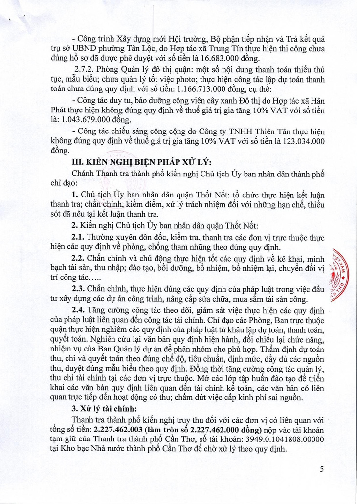 Cần Thơ: Quận Thốt Nốt bị truy thu hơn 2,2 tỉ chi sai - Ảnh 1.