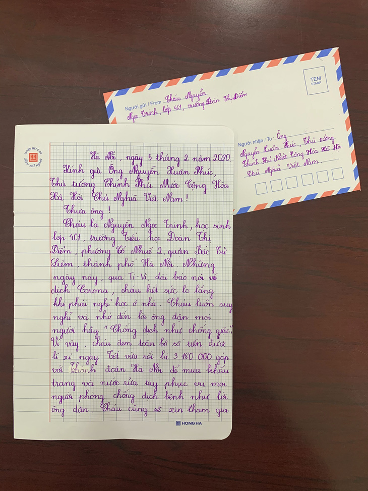 Học sinh lớp 4 tặng tiền lì xì mua khẩu trang, viết thư gửi Thủ tướng - Ảnh 2.