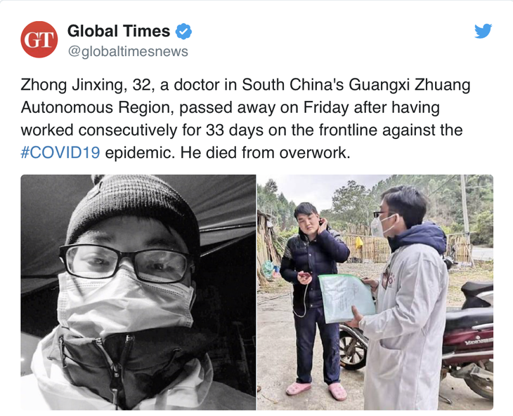 Chống COVID-19 suốt 33 ngày liền, bác sĩ Trung Quốc qua đời ở tuổi 32 - Ảnh 1.