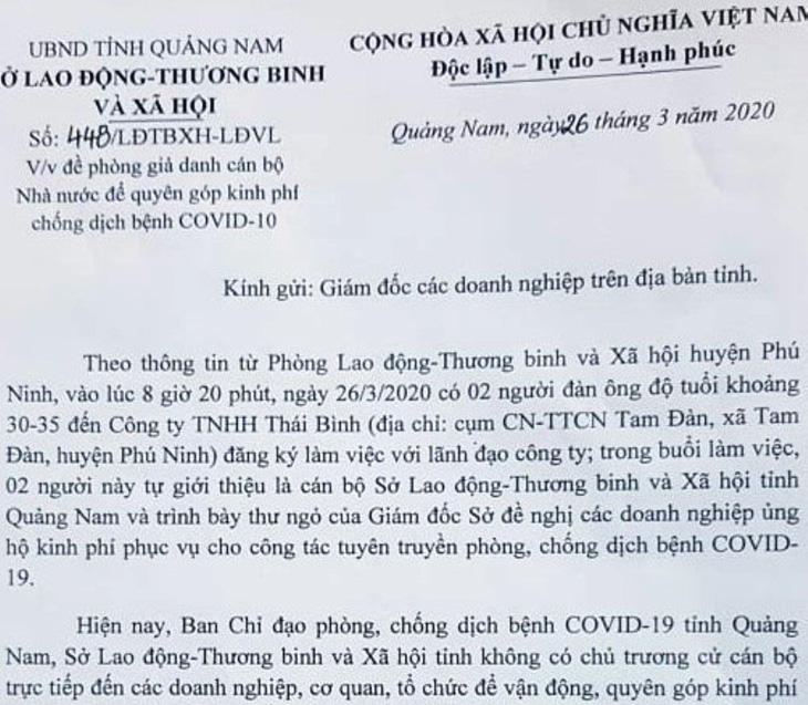 Giả danh cán bộ Sở Lao động kêu gọi hỗ trợ kinh phí phòng chống dịch COVID-19 - Ảnh 1.