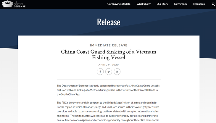 Bộ Quốc phòng Mỹ chỉ đích danh tàu hải cảnh Trung Quốc đâm chìm tàu Việt Nam - Ảnh 1.