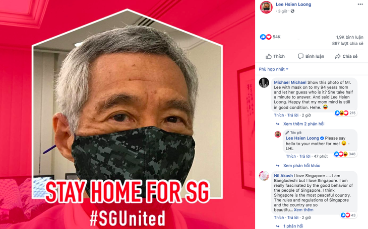 Thủ tướng Singapore đăng ảnh đeo khẩu trang, kêu gọi dân ở nhà