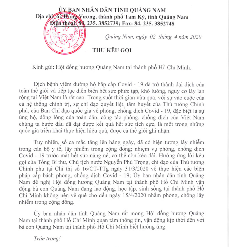 Chủ tịch tỉnh Quảng Nam viết thư kêu gọi đồng hương đừng về lúc này - Ảnh 1.