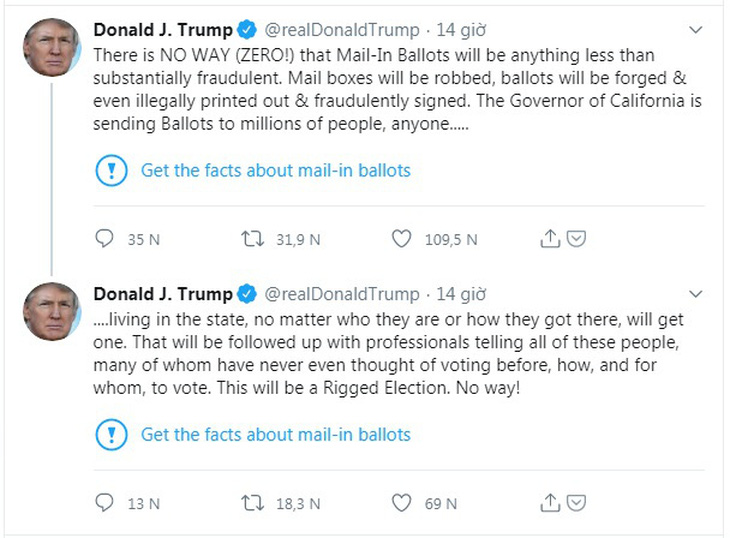 Ông Trump phẫn nộ vì bị Twitter gắn nhãn thông tin cần kiểm chứng với các tweet của mình - Ảnh 2.