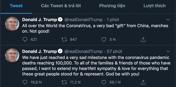 Chia buồn 100.000 ca chết vì COVID-19 xong, ông Trump lại đá xoáy Trung Quốc - Ảnh 2.
