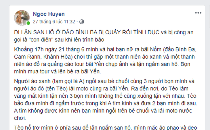 Một cô gái tố bị quấy rối tình dục khi lặn ngắm san hô ở đảo Bình Ba