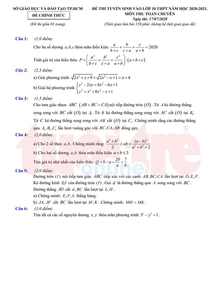 Đề và bài giải gợi ý môn toán lớp 10 chuyên ở TP.HCM - Ảnh 2.