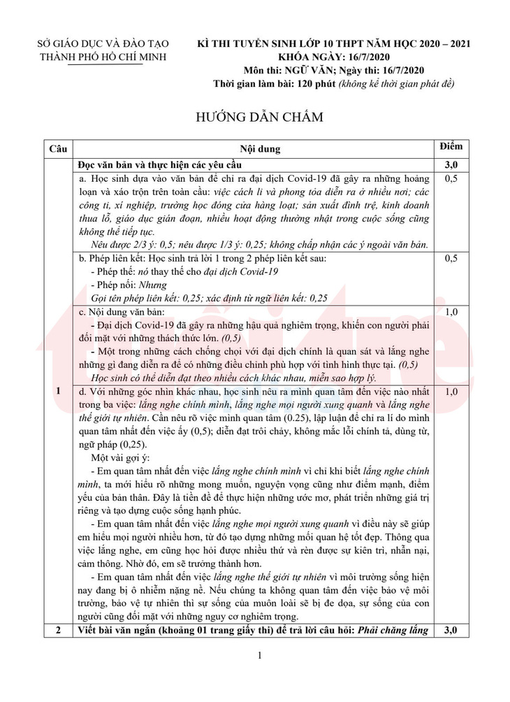 TP.HCM công bố đáp án bài thi tuyển sinh lớp 10 - Ảnh 2.