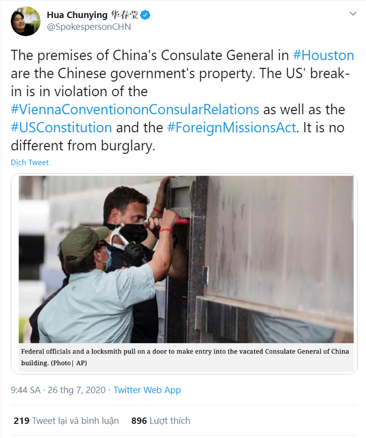 Bắc Kinh nói Mỹ chẳng khác trộm đạo khi phá cửa lãnh sự quán ở Houston - Ảnh 1.