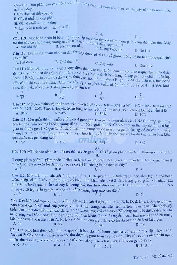 Đề và bài giải môn sinh kỳ thi tốt nghiệp THPT 2020 - đủ 24 mã đề - Ảnh 3.