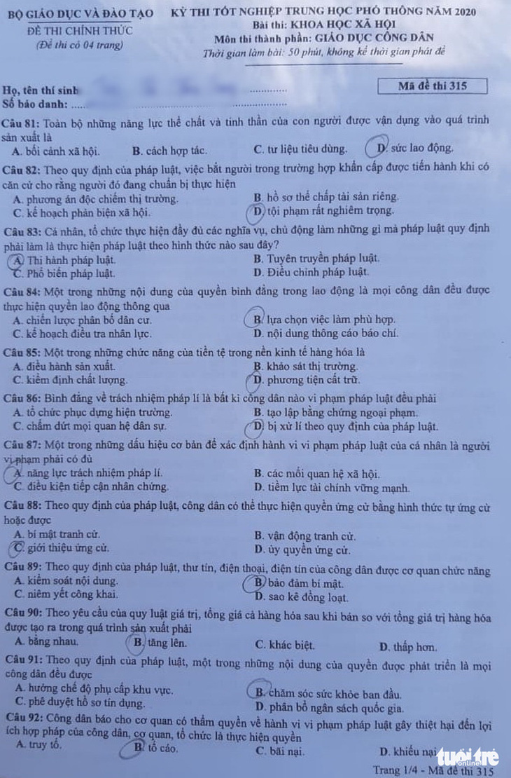 Đề và gợi ý bài giải môn giáo dục công dân kỳ thi tốt nghiệp THPT 2020 - Ảnh 1.