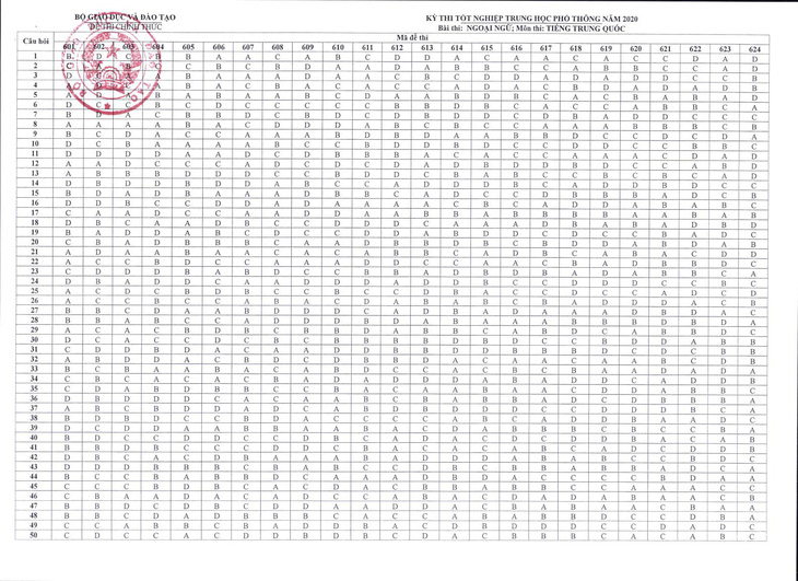 Đáp án môn tiếng Trung kỳ thi tốt nghiệp THPT 2020 - Ảnh 1.