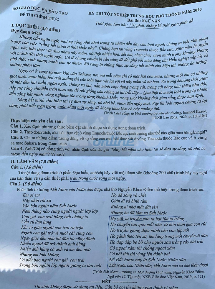 Đề văn THPT 2020: Đất nước và trân trọng cuộc sống mỗi ngày - Ảnh 2.