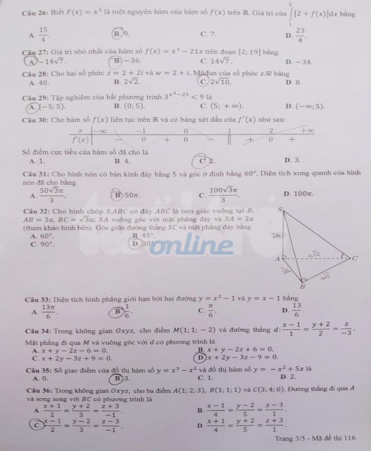 Gợi ý bài giải môn toán thi tốt nghiệp THPT 2020 - đủ 24 mã đề - Ảnh 3.