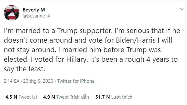 Phụ nữ Mỹ gây bão vì dọa bỏ chồng nếu chồng bầu cho ông Trump - Ảnh 1.