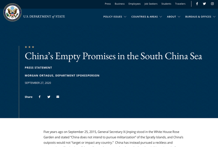 Mỹ chỉ trích: Tại Mỹ năm 2015, Trung Quốc hứa không quân sự hóa Trường Sa chỉ là hứa suông - Ảnh 1.