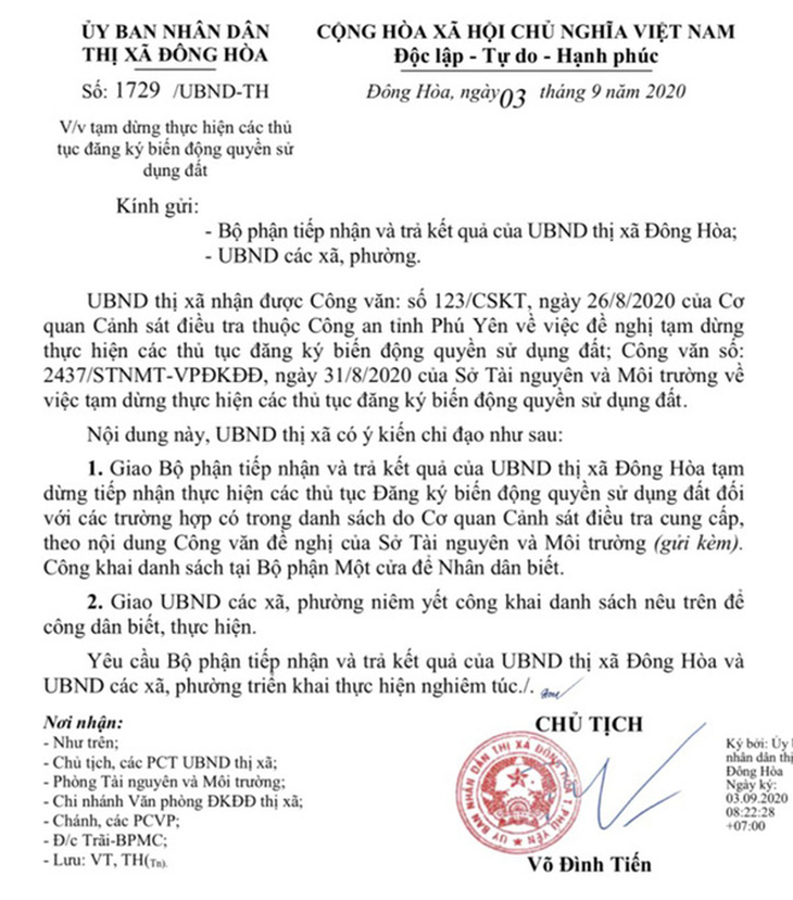 Tạm dừng đăng ký biến động 1.156 thửa đất tại thị xã Đông Hòa nghi sai phạm - Ảnh 1.