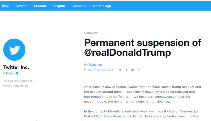 Twitter thông báo đình chỉ vĩnh viễn tài khoản ông Trump, cổ phiếu giảm giá - Ảnh 1.