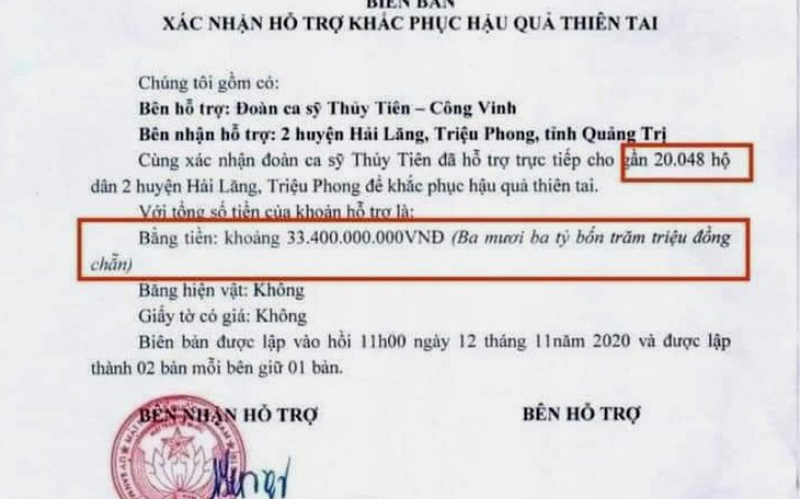 Khó xác định tổng số tiền ca sĩ Thủy Tiên trao ở Quảng Trị