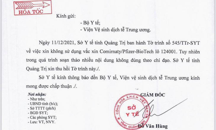 Quảng Trị thu hồi văn bản xin trả lại vắc xin vì ‘không đúng theo chỉ đạo’ - Ảnh 1.