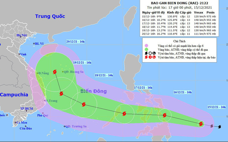 Hai ngày nữa, bão Rai vào Biển Đông, cường độ cấp 12-13