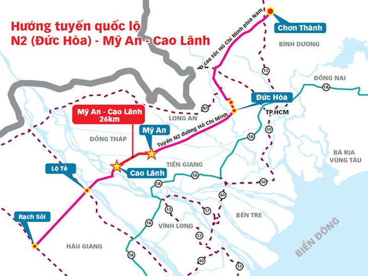 Vị trí cao tốc Mỹ An - Cao Lãnh trong tuyến đường nối miền Đông với miền Tây mà không phải đi qua TP.HCM - Nguồn: Ban quản lý dự án Mỹ Thuận