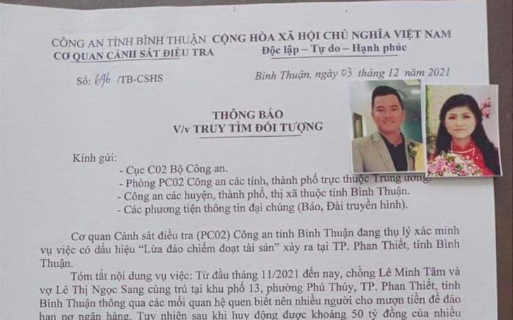 Công an Bình Thuận truy tìm cặp vợ chồng có dấu hiệu lừa đảo khoảng 50 tỉ đồng