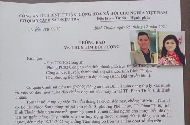 Công an Bình Thuận truy tìm cặp vợ chồng có dấu hiệu lừa đảo khoảng 50 tỉ đồng - Ảnh 1.