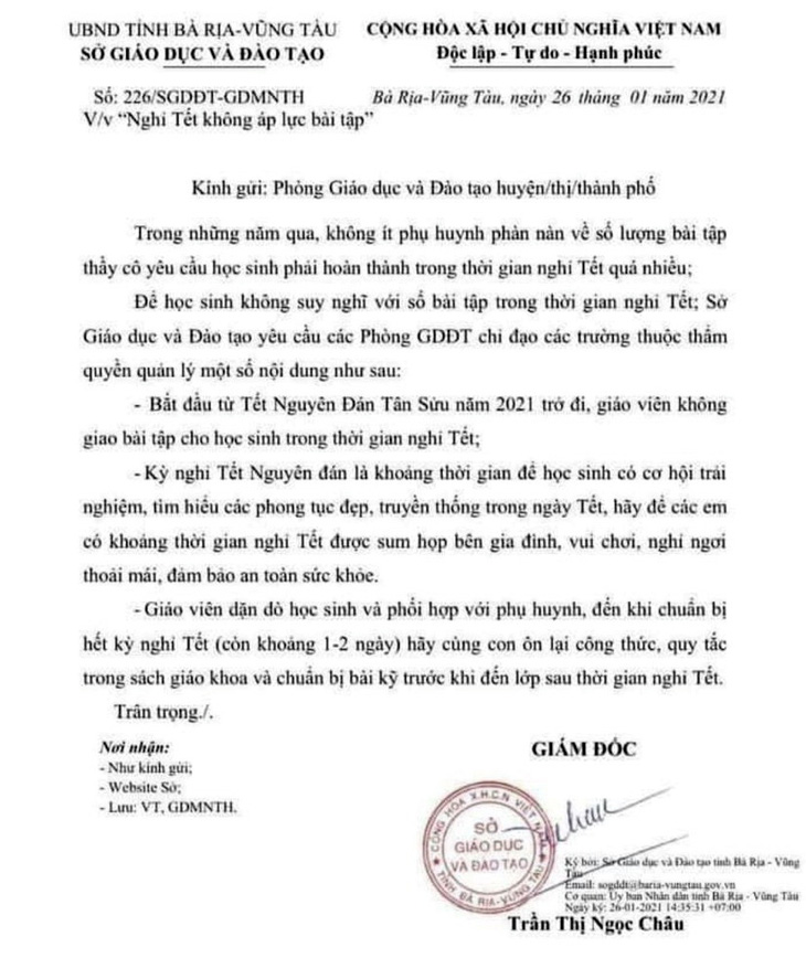 Một tỉnh ra văn bản không giao bài tập về nhà cho học sinh khi nghỉ tết - Ảnh 2.