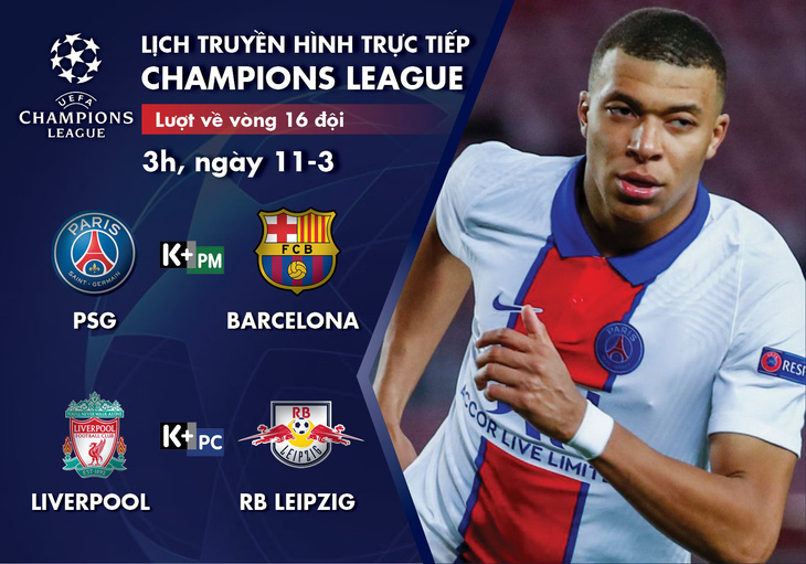 Lịch trực tiếp Champions League 11-3: PSG - Barca, Liverpool - Leipzig - Ảnh 1.