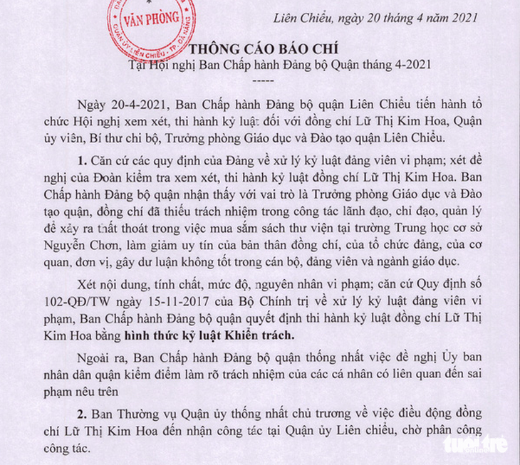 Kỷ luật trưởng Phòng giáo dục quận Liên Chiểu, điều về Quận ủy, chờ phân công công tác - Ảnh 1.