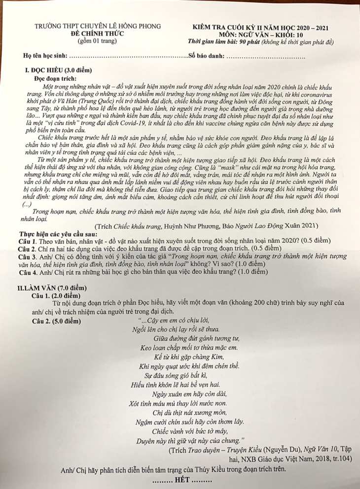 ‘Chiếc khẩu trang’ vào đề thi văn lớp 10 Trường chuyên Lê Hồng Phong - Ảnh 1.